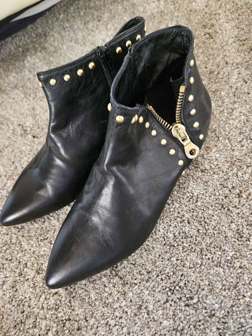 MADE IN ITALY. BRAND NEW Black Studded Pointed Toe Ankle Boots - Gold Hardware